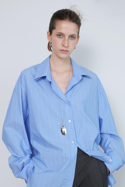 Oversized Double-Collar Pinstripe Button-Up Shirt - Blue – Simonett