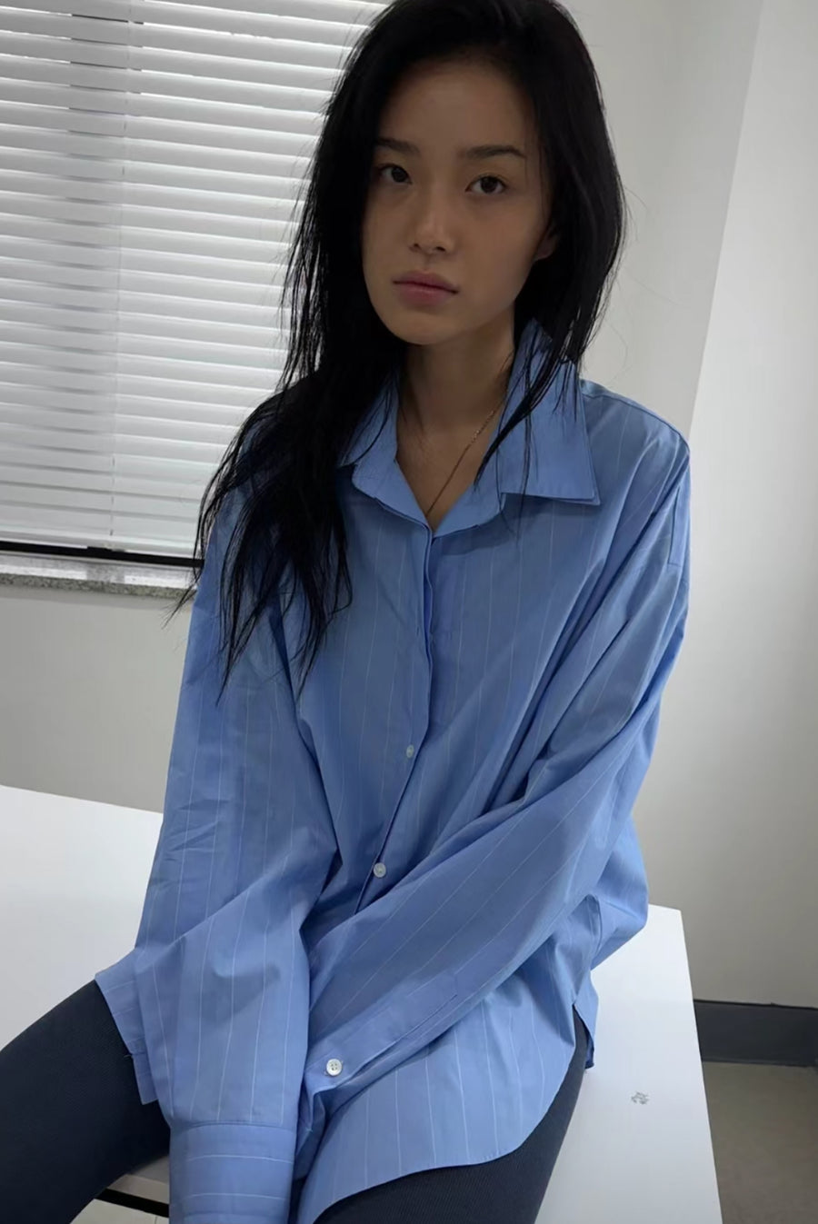 Oversized Double-Collar Pinstripe Button-Up Shirt - Blue