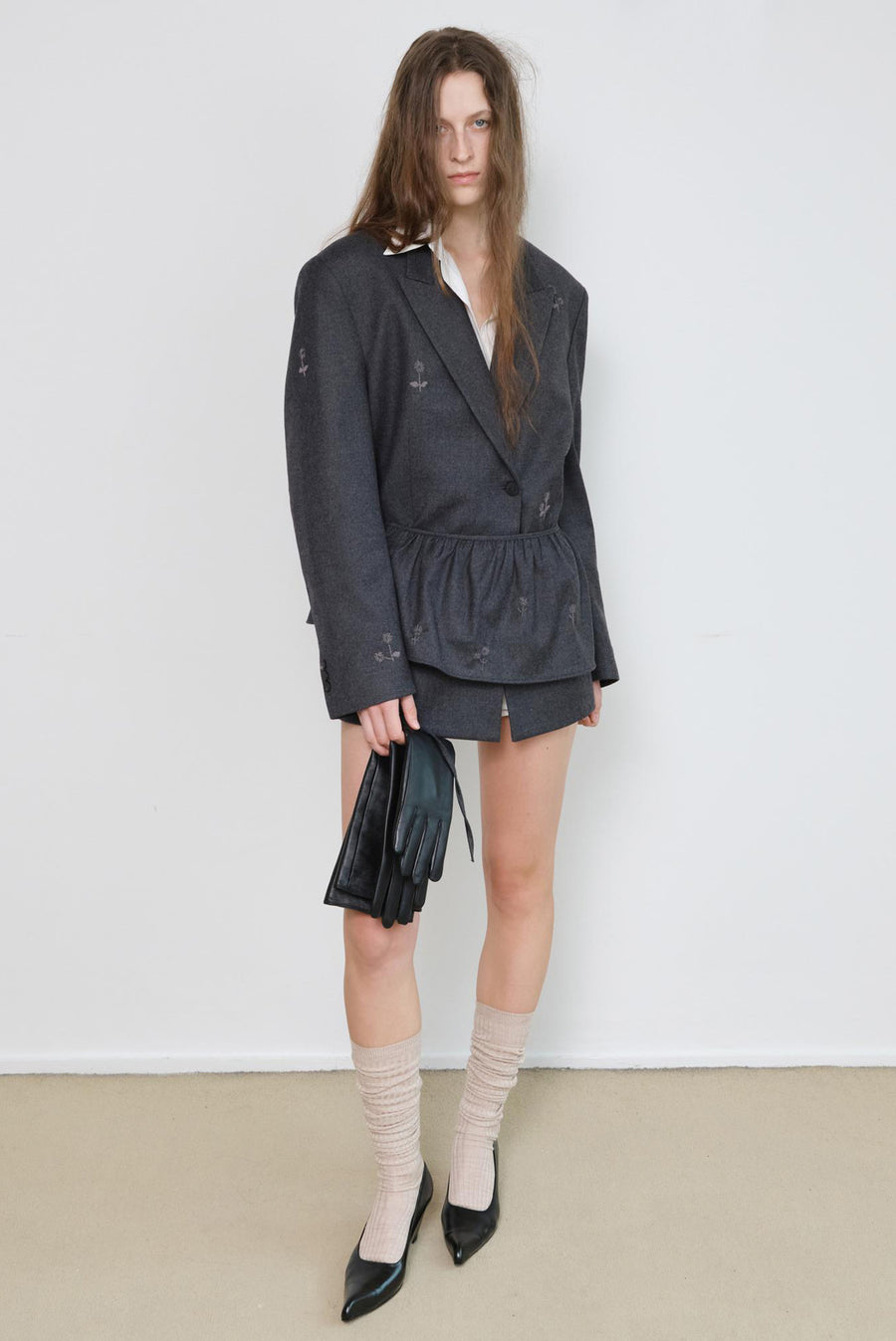 Embroidered Flower Blazer - Charcoal