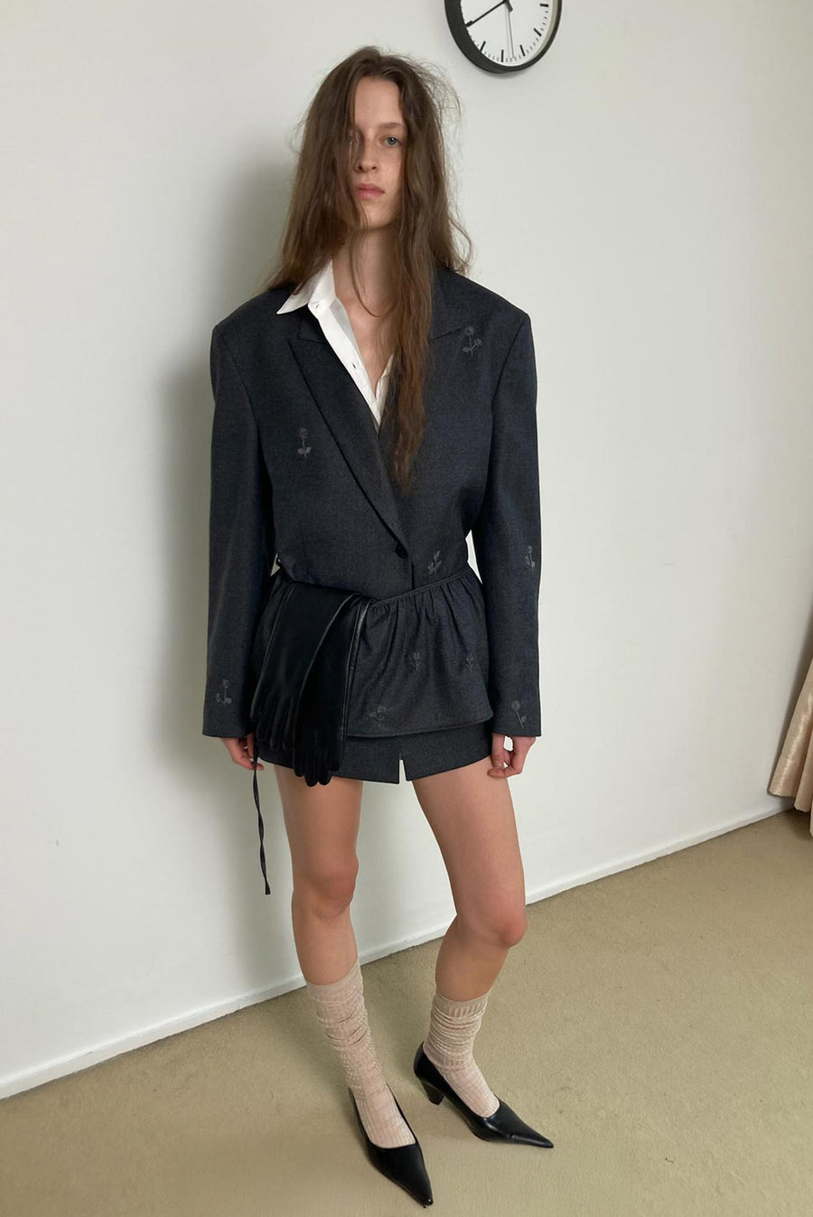 Embroidered Flower Blazer - Charcoal