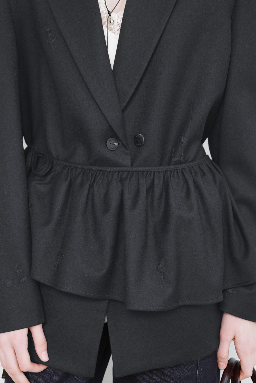 Embroidered Flower Ruched Skirt Overlay - Charcoal