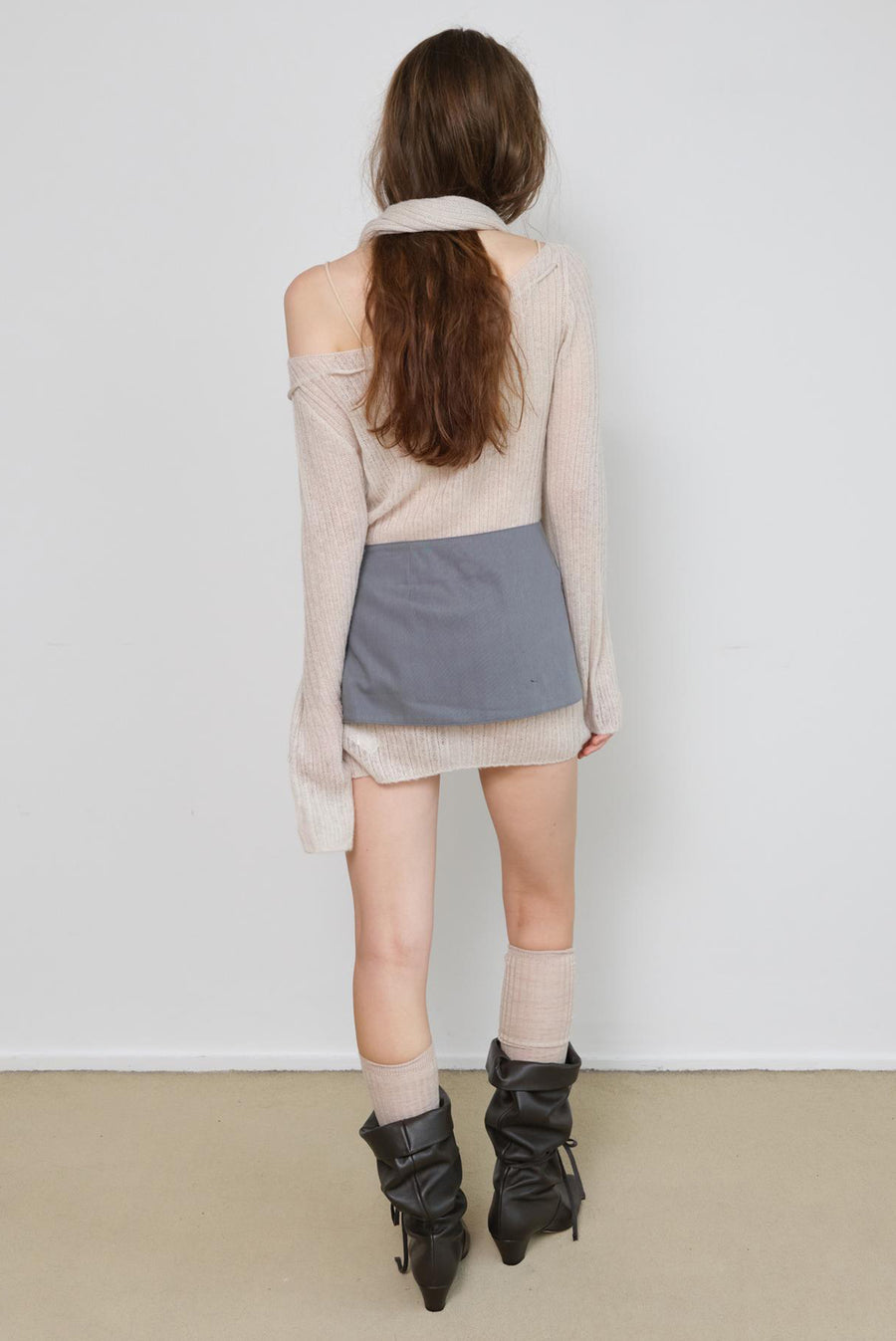 Off-Shoulder Ribbed Knit Long Sleeve Mini Dress