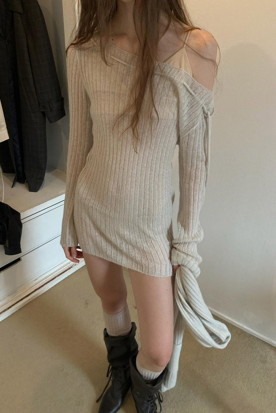 Off-Shoulder Ribbed Knit Long Sleeve Mini Dress
