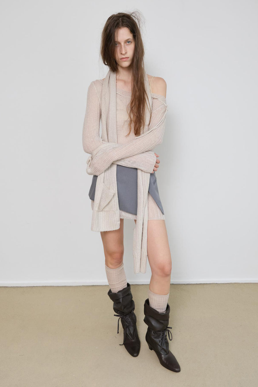 Off-Shoulder Ribbed Knit Long Sleeve Mini Dress