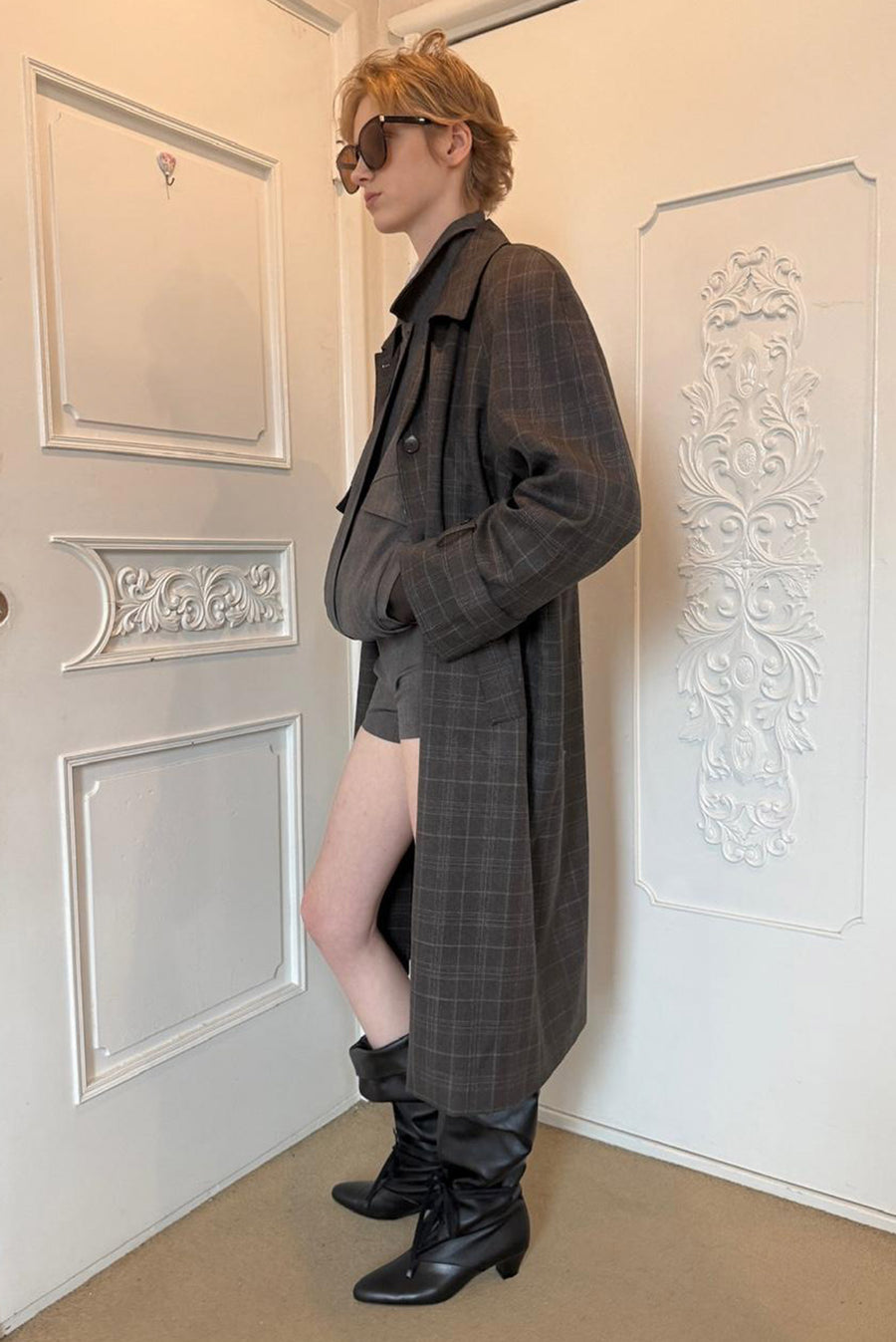 Oversized Plaid Trench Coat - Charcoal