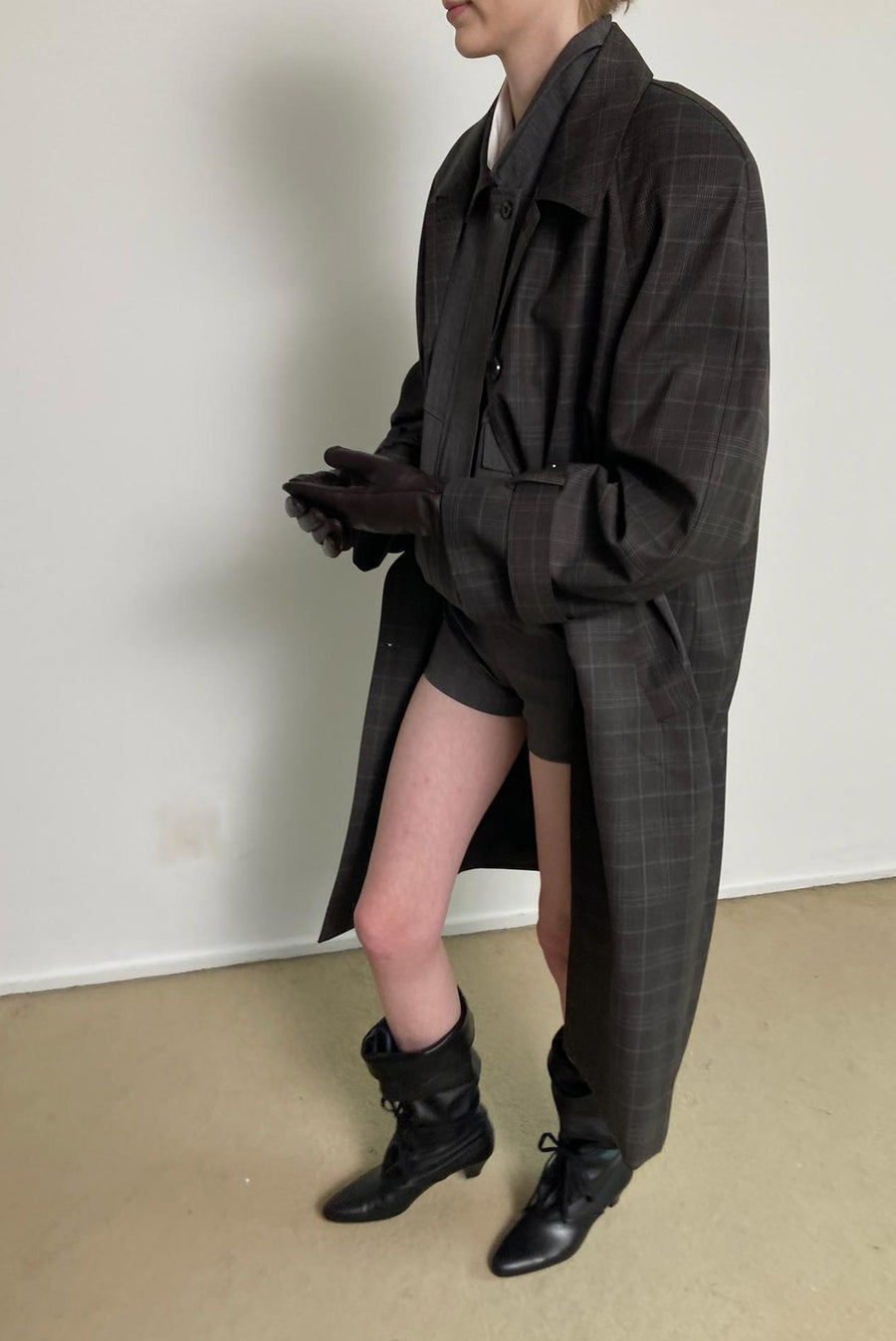 Oversized Plaid Trench Coat - Charcoal