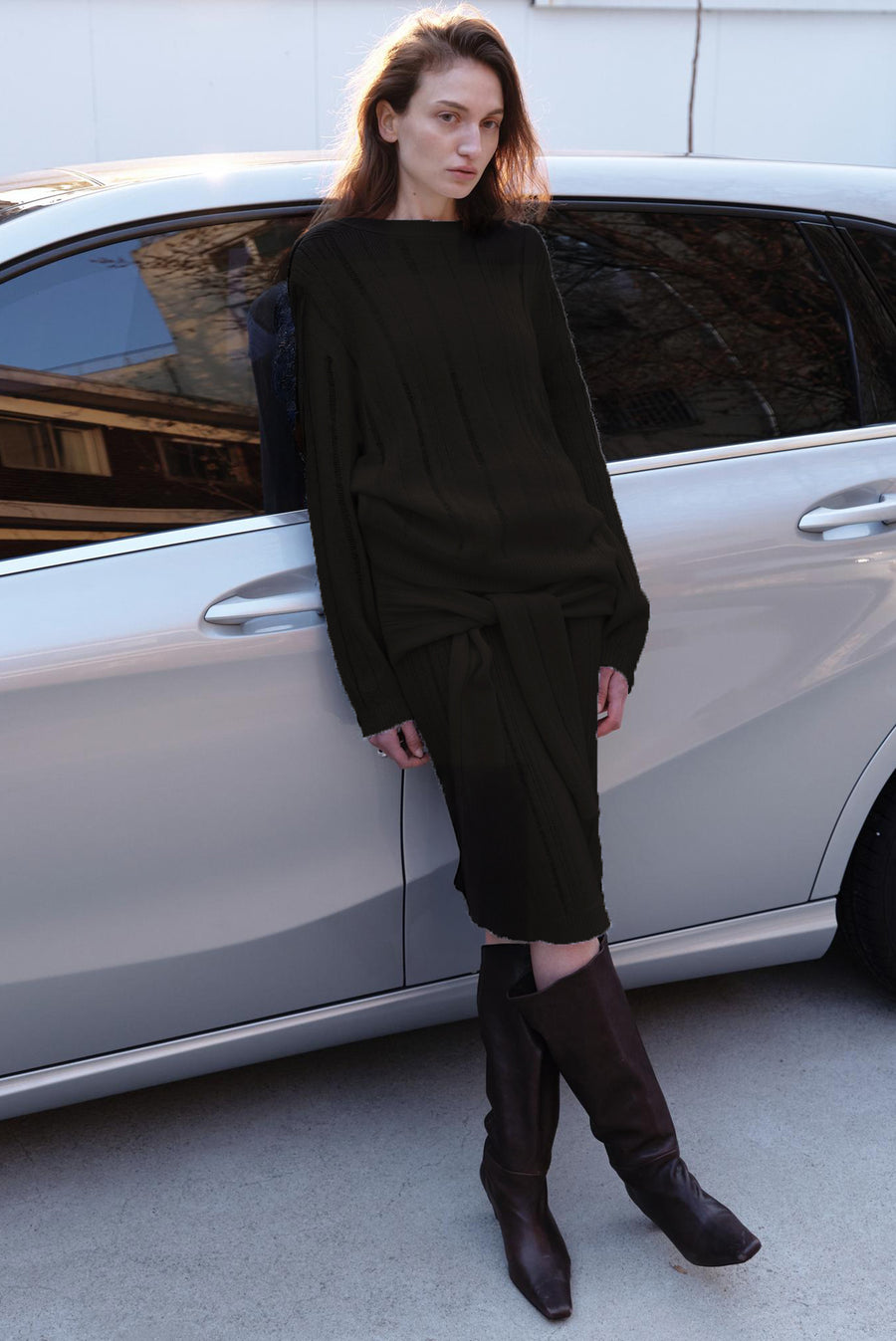 Sleeve Tie Knit Tube Skirt - Brown