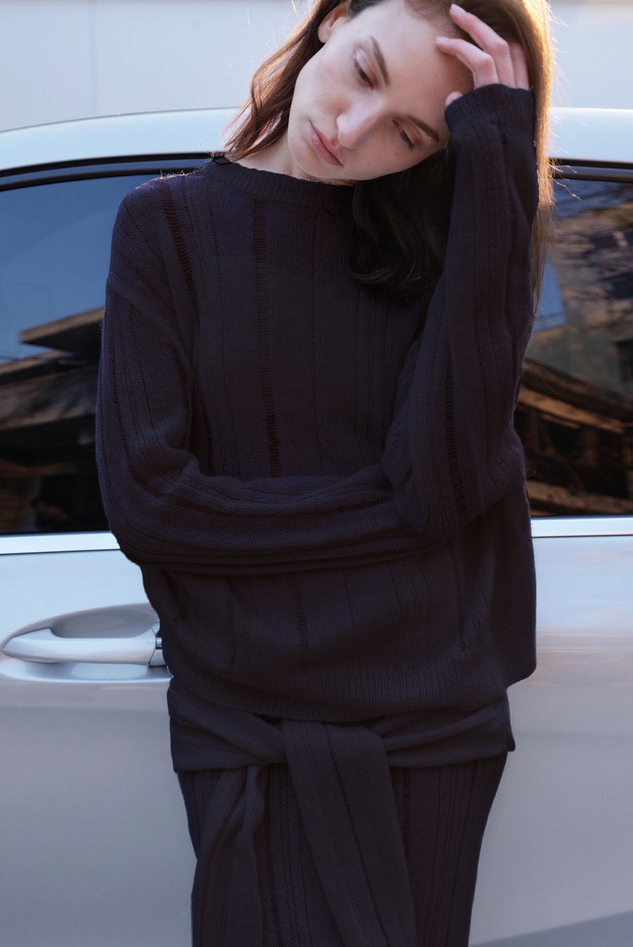 Sleeve Tie Knit Tube Skirt - Brown