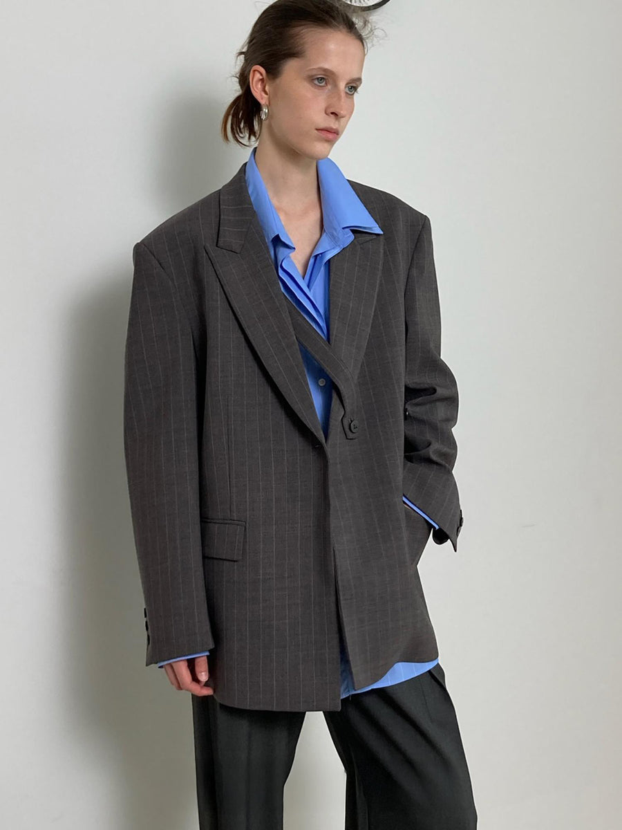 Oversized Double-Collar Pinstripe Button-Up Shirt - Blue