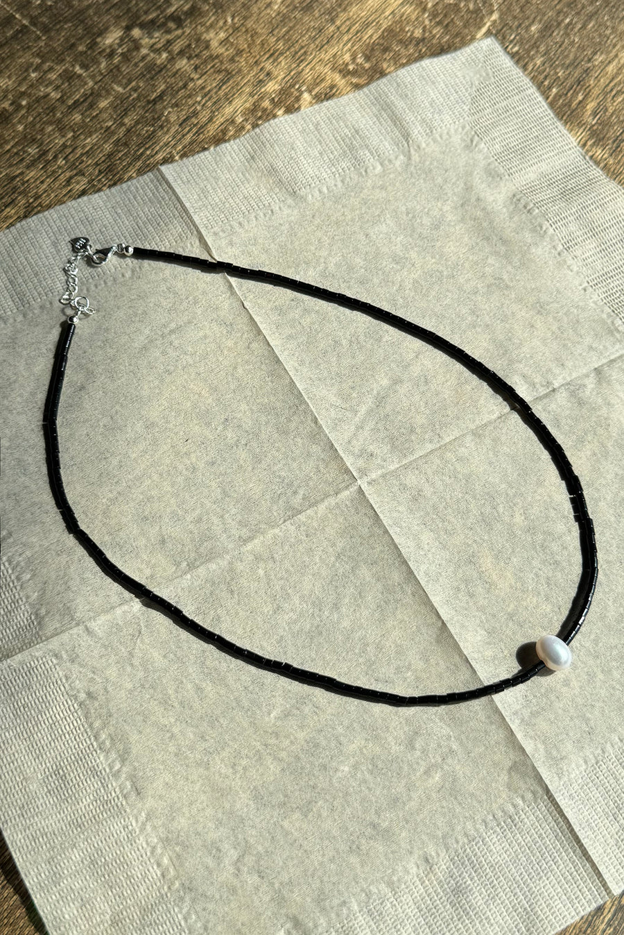 Black Glass Bead Necklace With Pearl