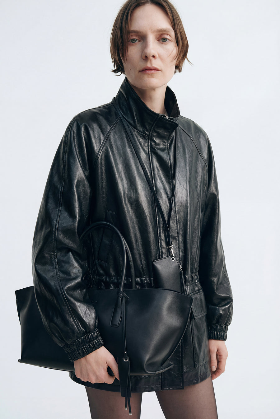Oversized Cinched Waist Leather Jacket - Black