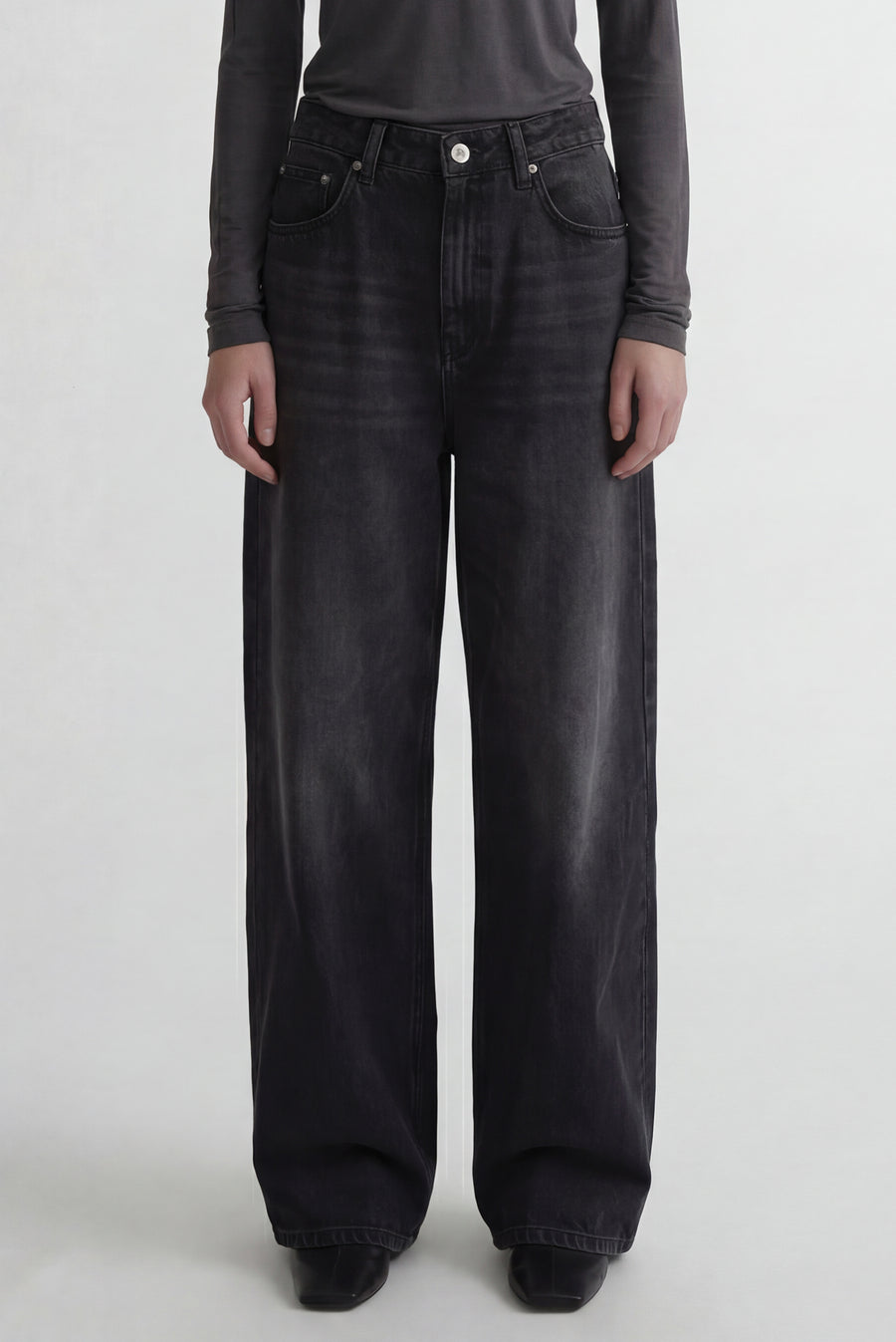 Wide Leg Faded Jeans - Black