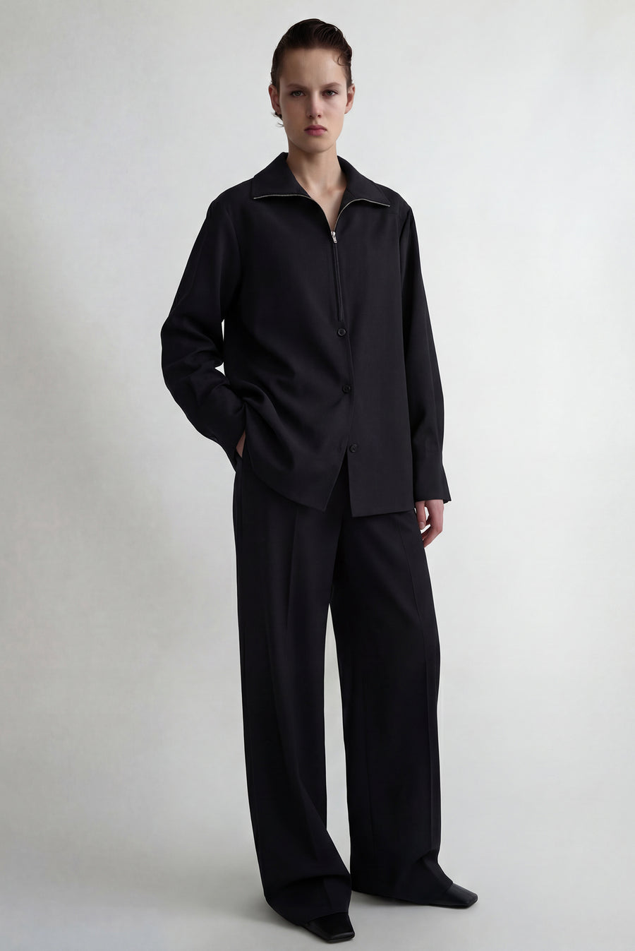 High Neck Full Zip Top - Black