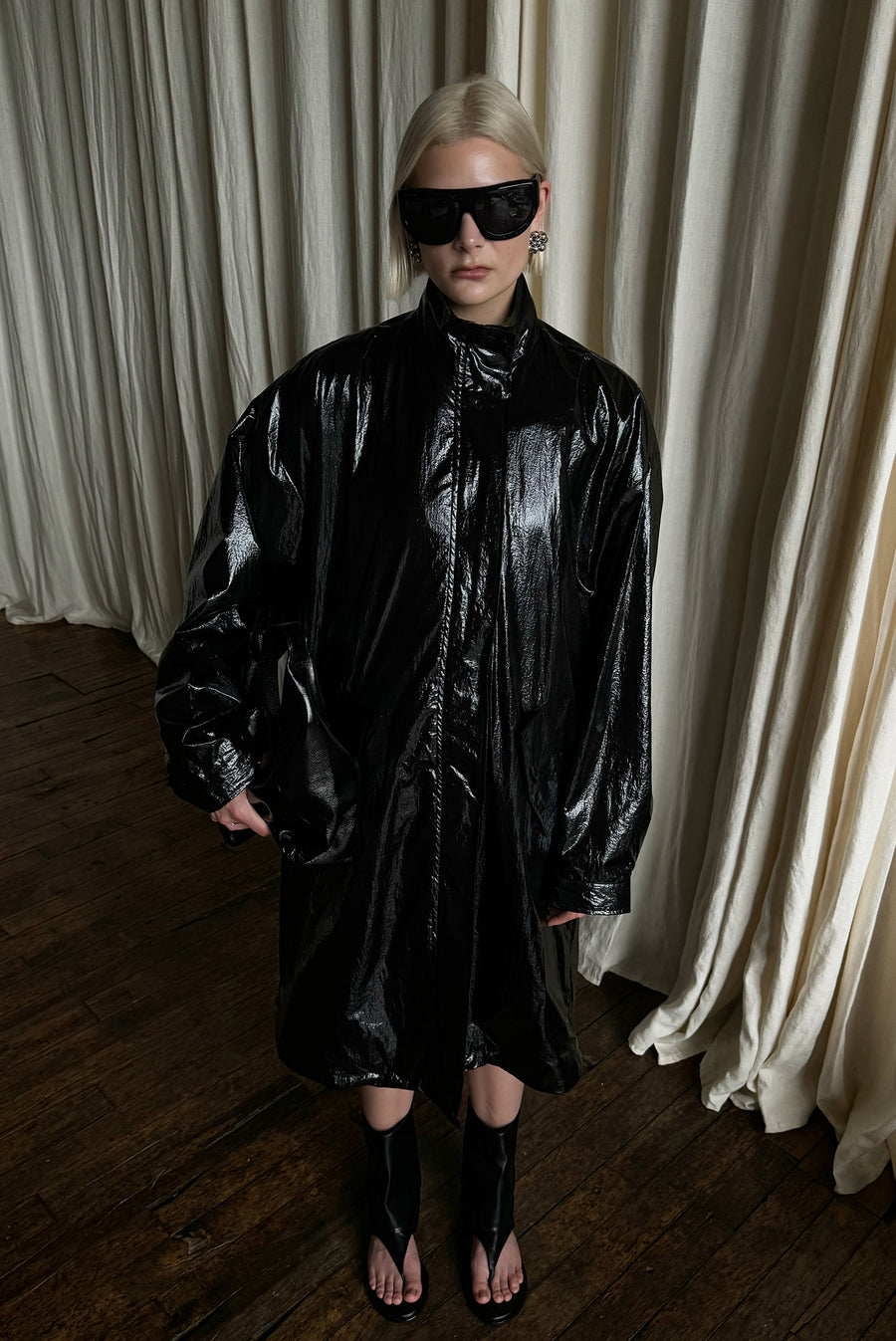 Waxed Crinkle Coat - Black Patent