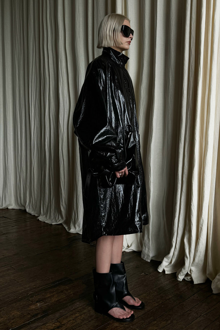 Waxed Crinkle Coat - Black Patent