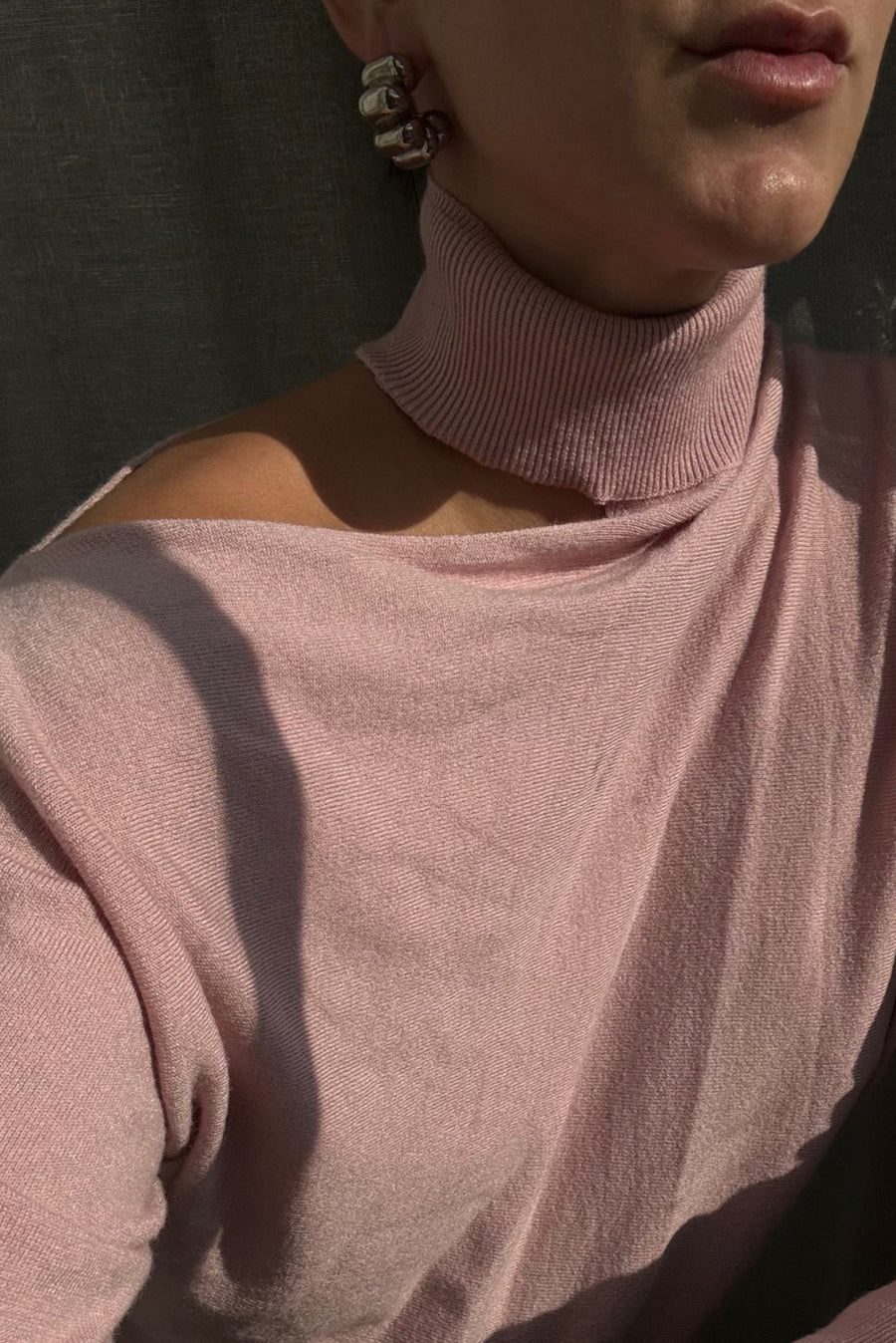 Asymmetric Shoulder Cutout High Neck Sweater - Pink