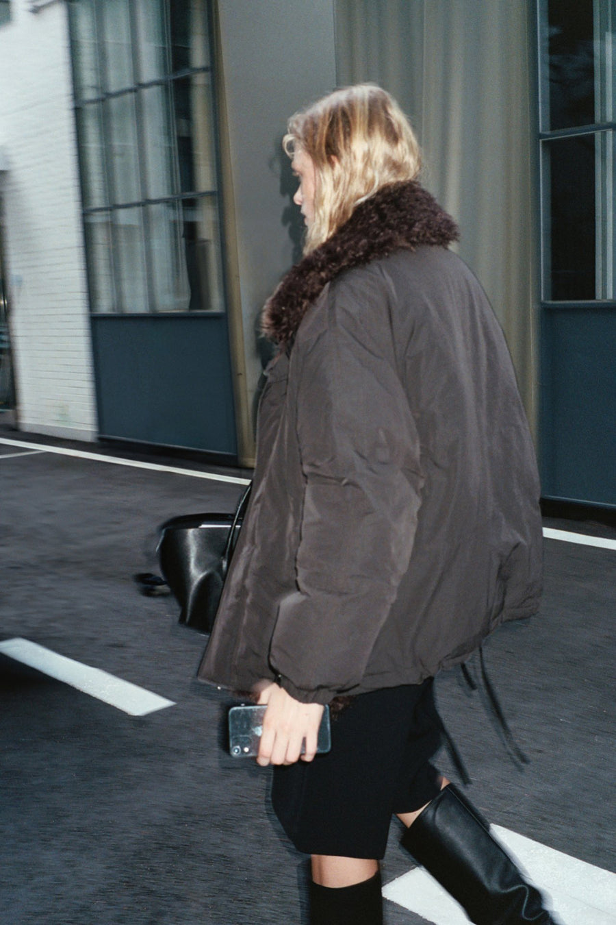 Shearling Collar Oversized Bomber Jacket - Brown