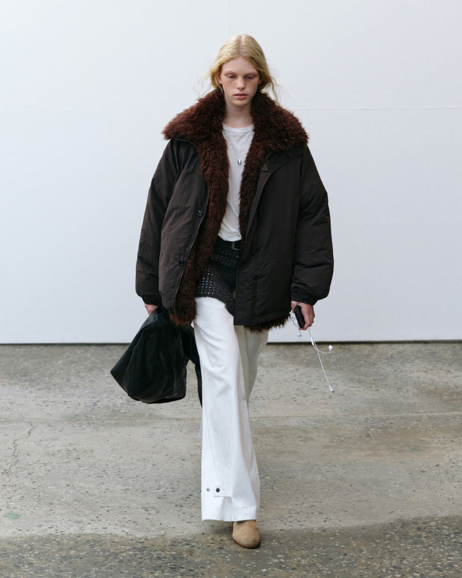 Shearling Collar Oversized Bomber Jacket - Brown