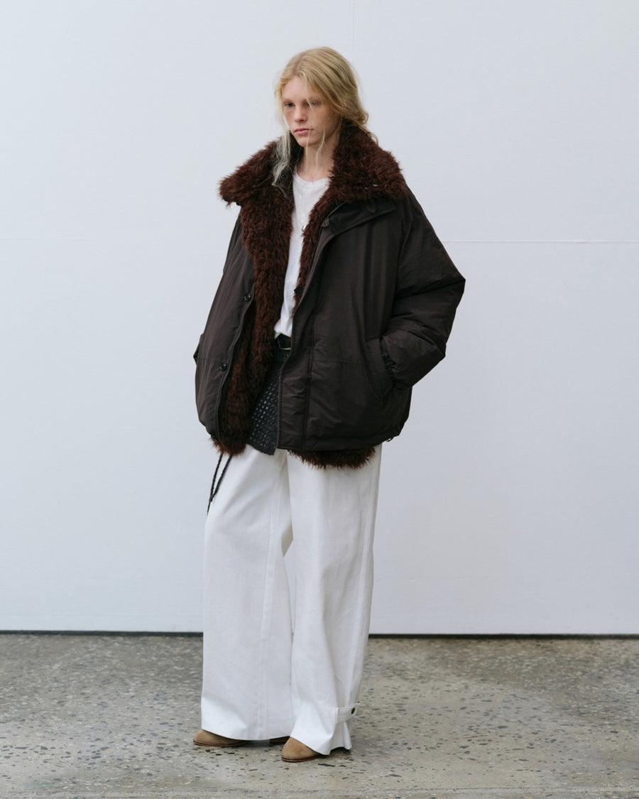 Shearling Collar Oversized Bomber Jacket - Brown
