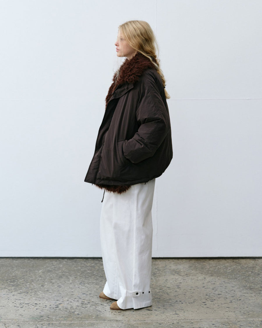 Shearling Collar Oversized Bomber Jacket - Brown