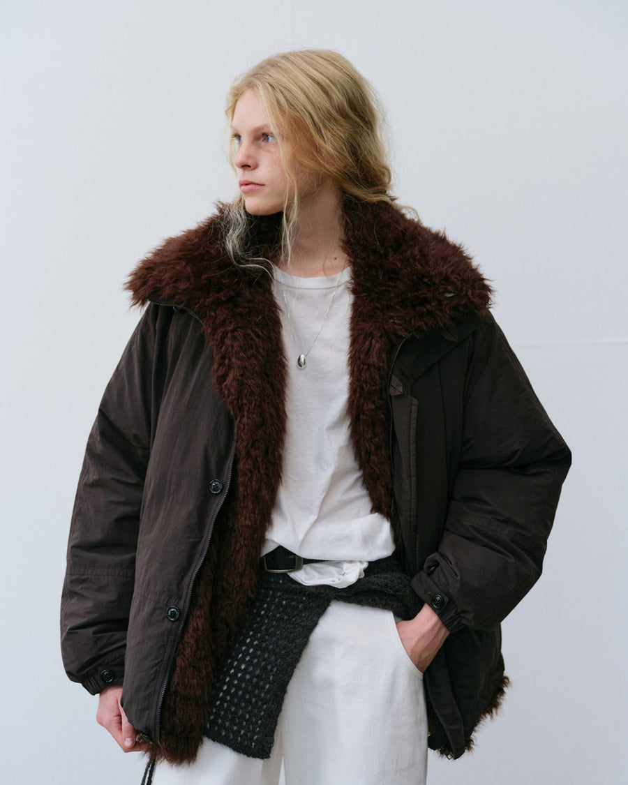 Shearling Collar Oversized Bomber Jacket - Brown