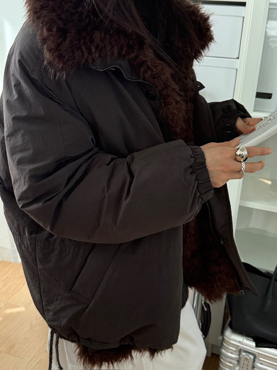 Shearling Collar Oversized Bomber Jacket - Brown