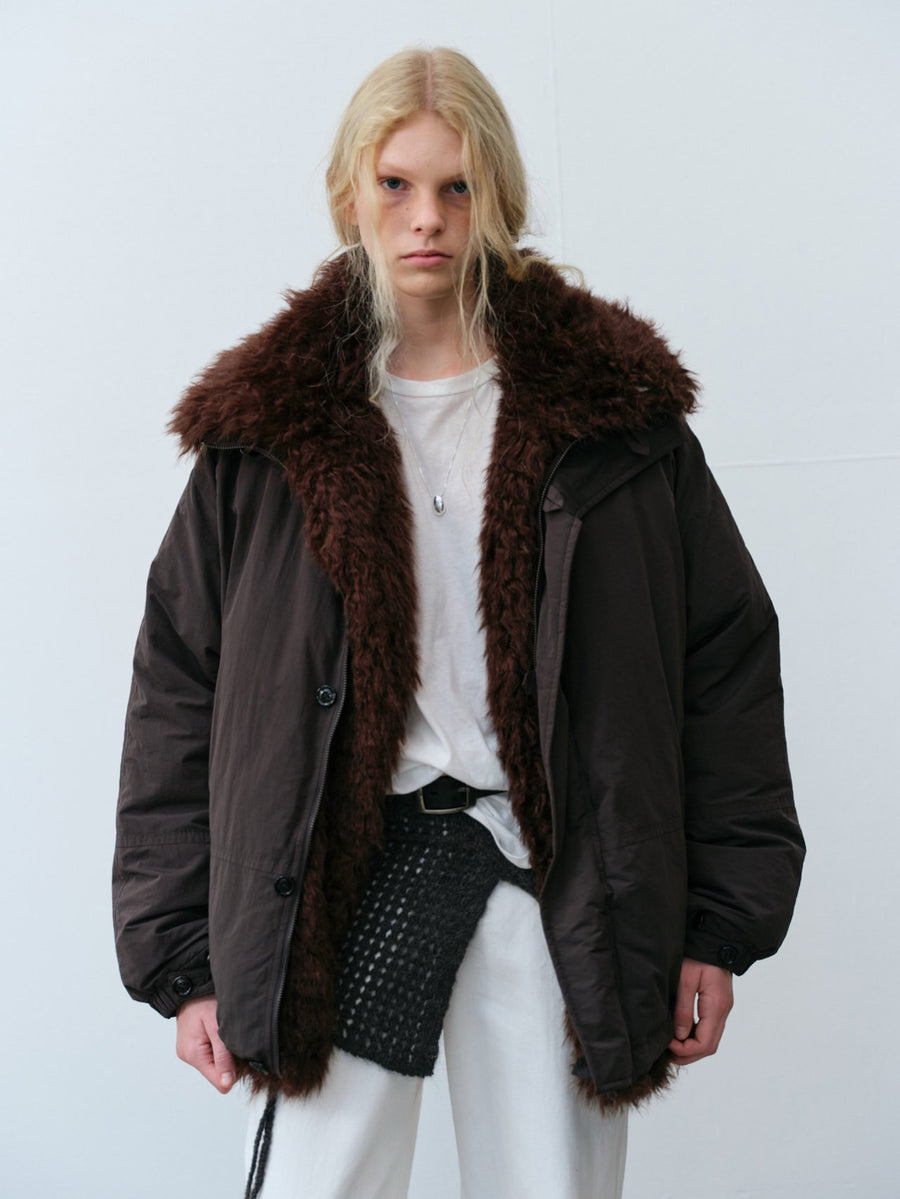 Shearling Collar Oversized Bomber Jacket - Brown