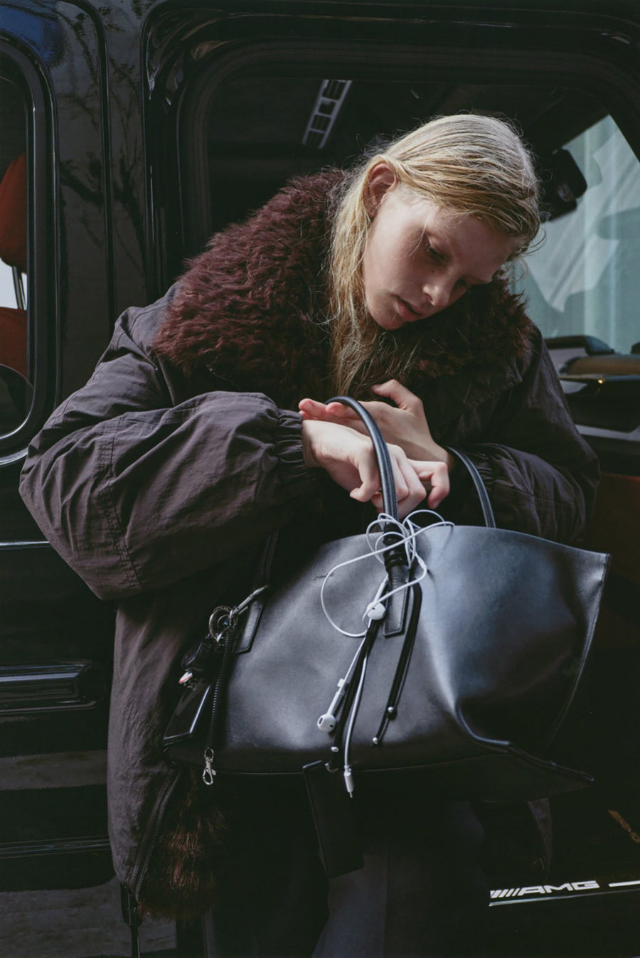 Shearling Collar Oversized Bomber Jacket - Brown