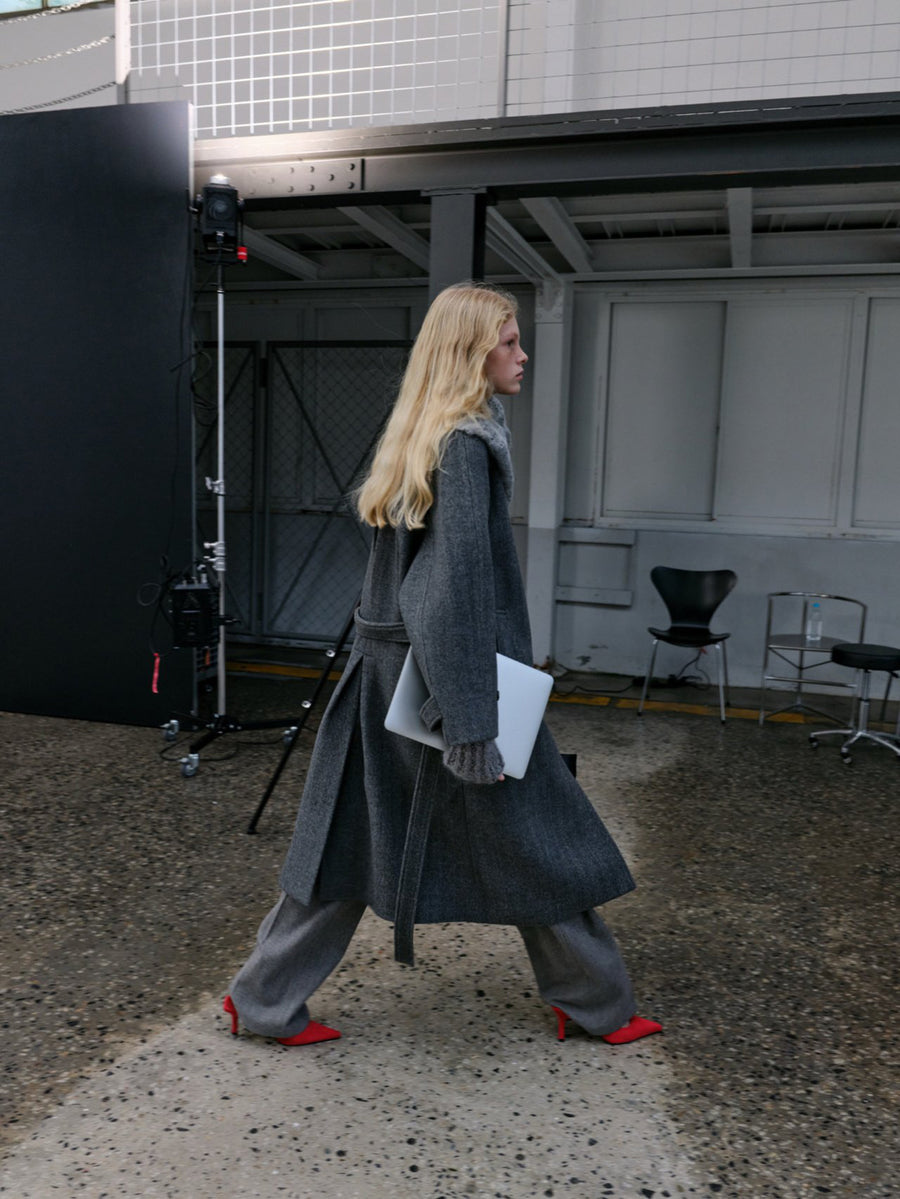 Herringbone Long Coat - Gray