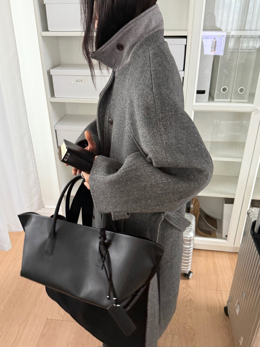 Herringbone Long Coat - Gray