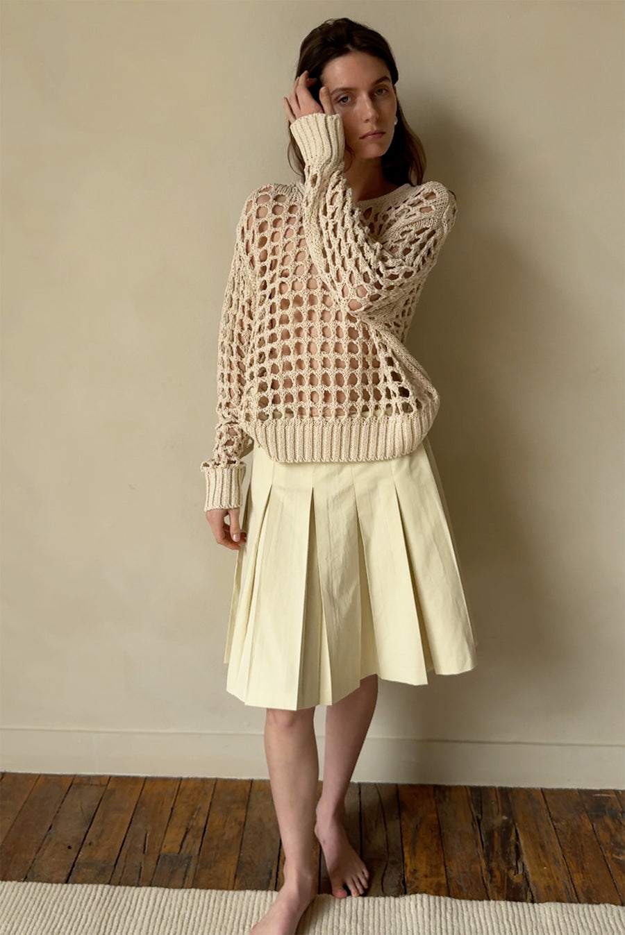 Raw Edge Pleated Skirt - Beige