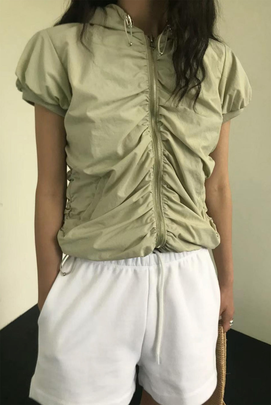 Rouched Hooded Zipper Jumper