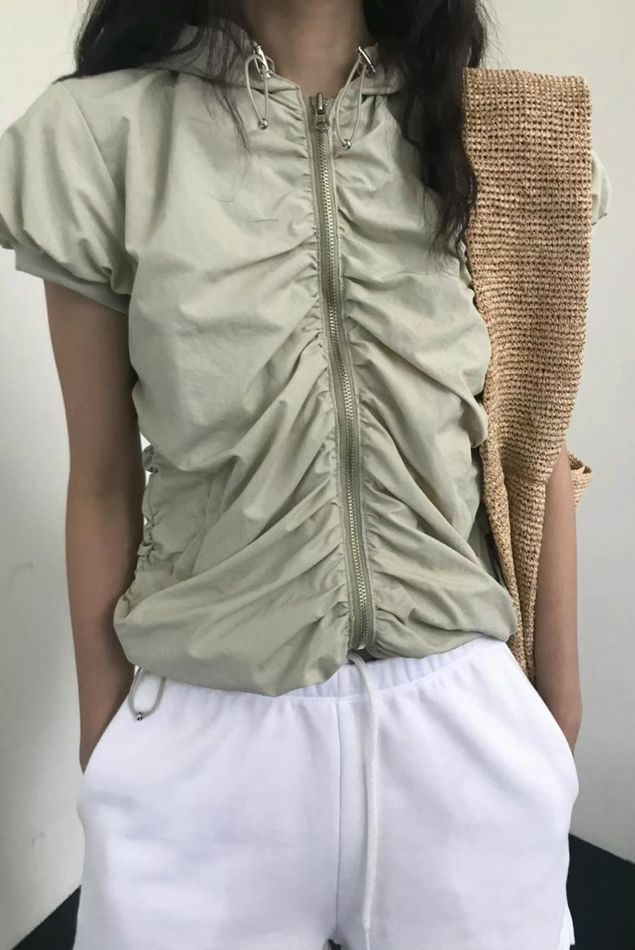 Rouched Hooded Zipper Jumper