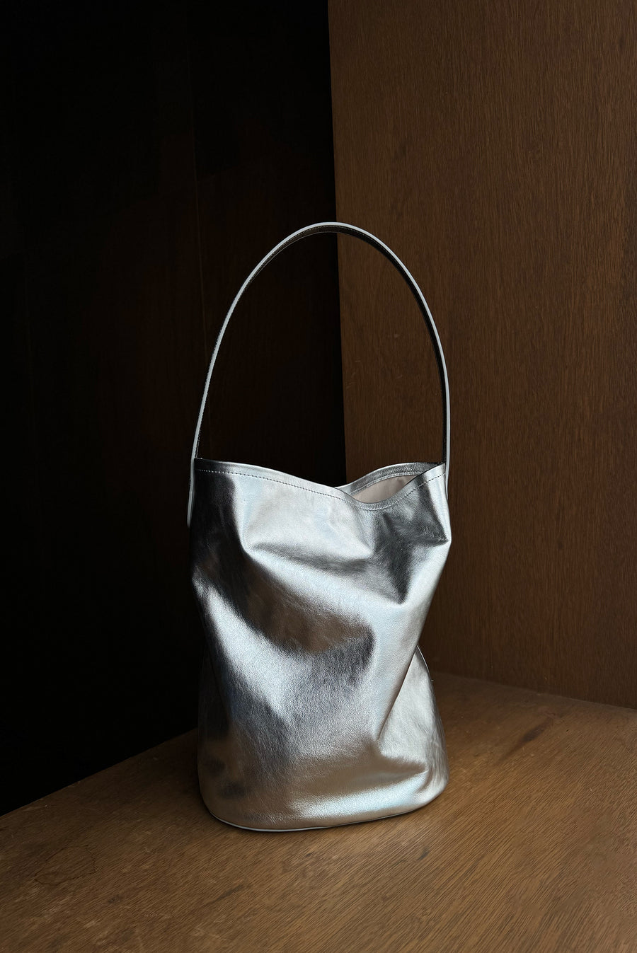 Silver Leather Bucket Bag