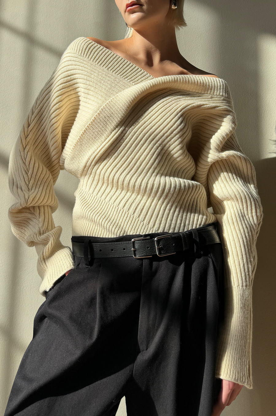 Rib Knit Criss Cross Sweater - White