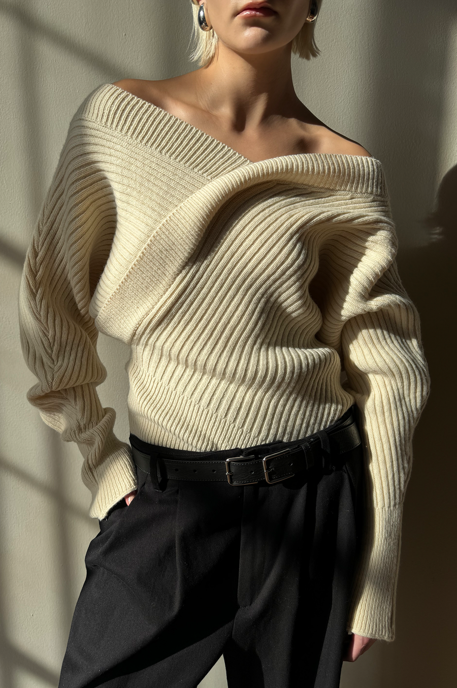 Rib Knit Criss Cross Sweater - White