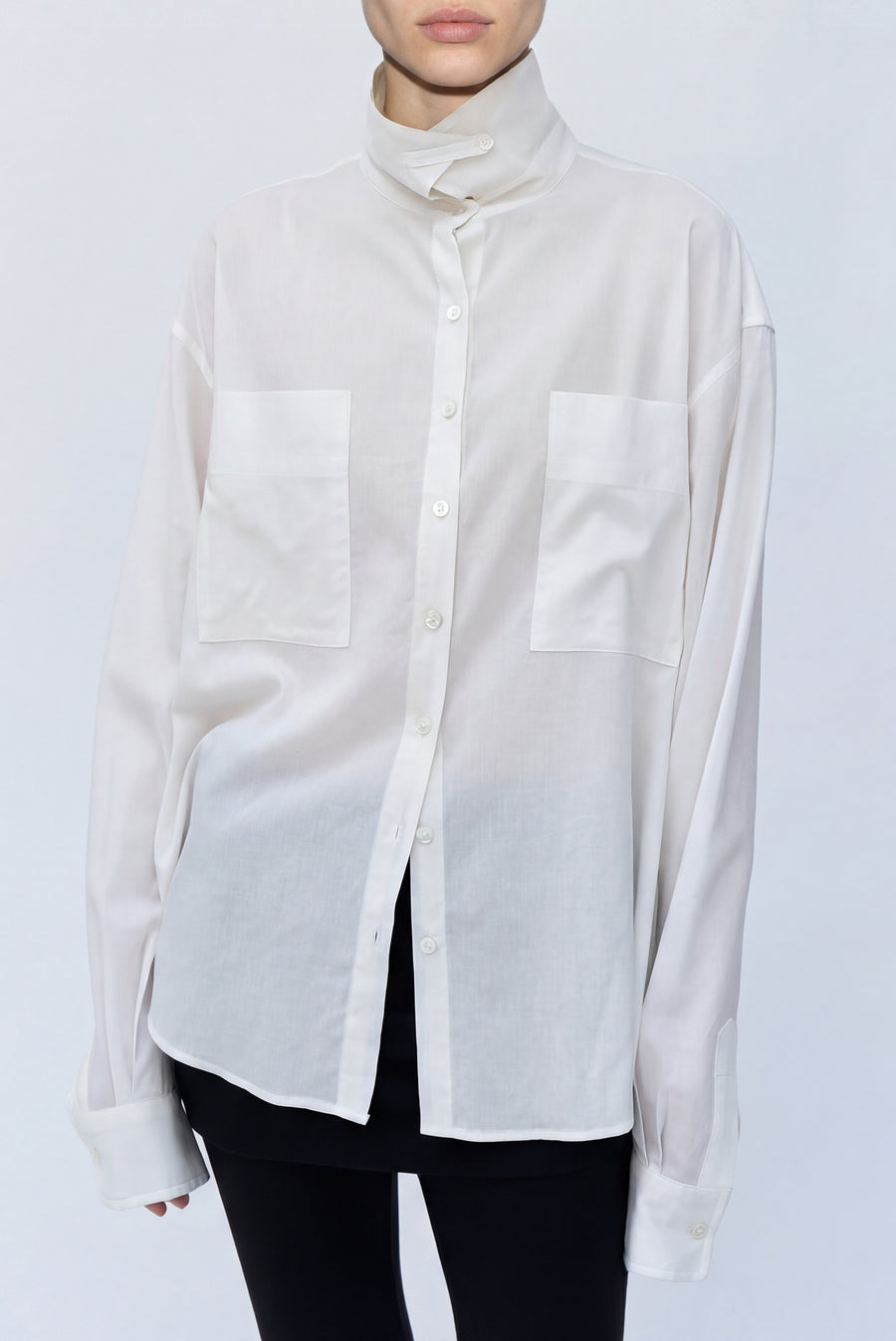 Button-Up High Collar Large Pocket Shirt - White