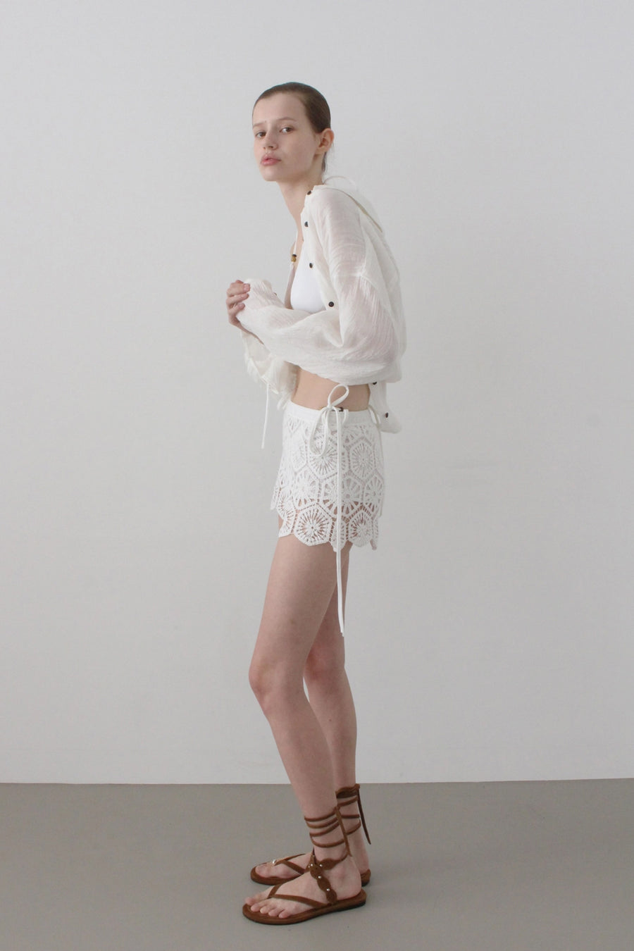 Open-Knit Crochet Scallop-Hem Shorts - Ivory