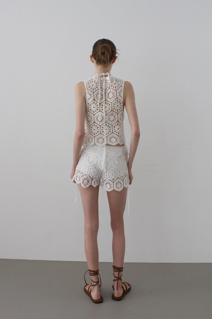 Open-Weave Crochet Front-Tie Vest - Ivory