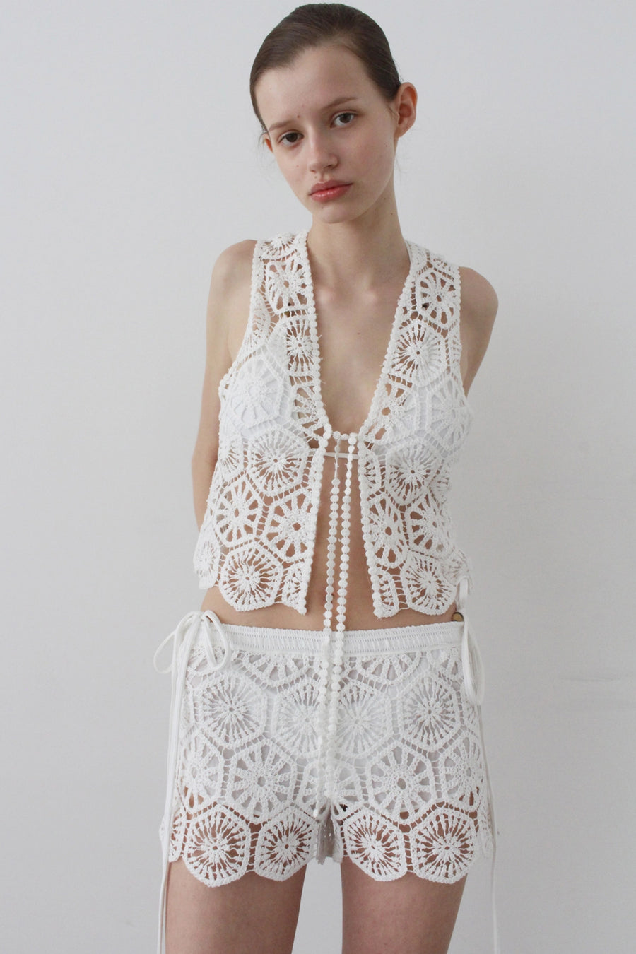 Open-Weave Crochet Front-Tie Vest - Ivory