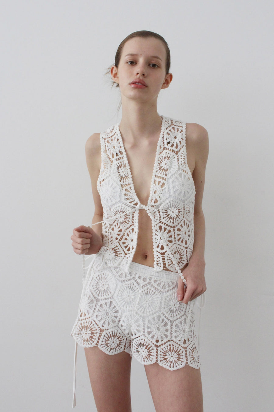 Open-Weave Crochet Front-Tie Vest - Ivory