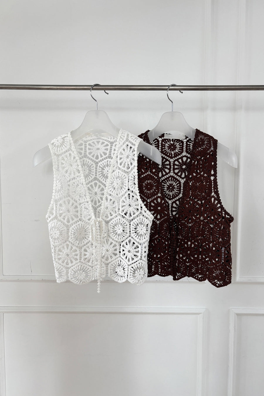 Open-Weave Crochet Front-Tie Vest - Ivory