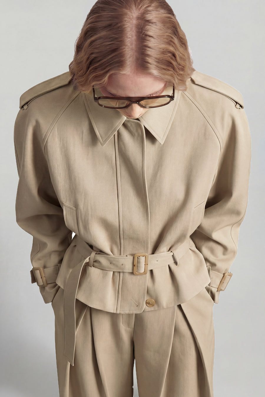 Cropped Belted Trench Jacket - Beige