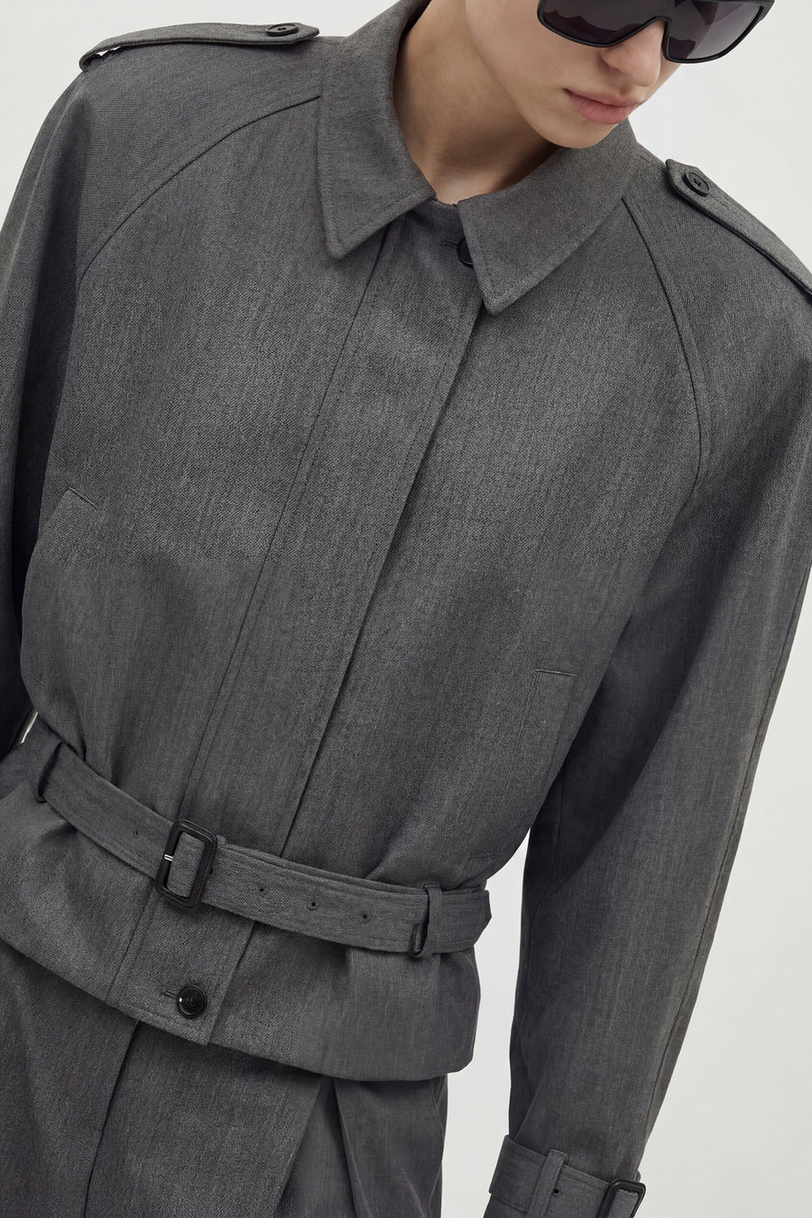 Cropped Belted Trench Jacket - Gray