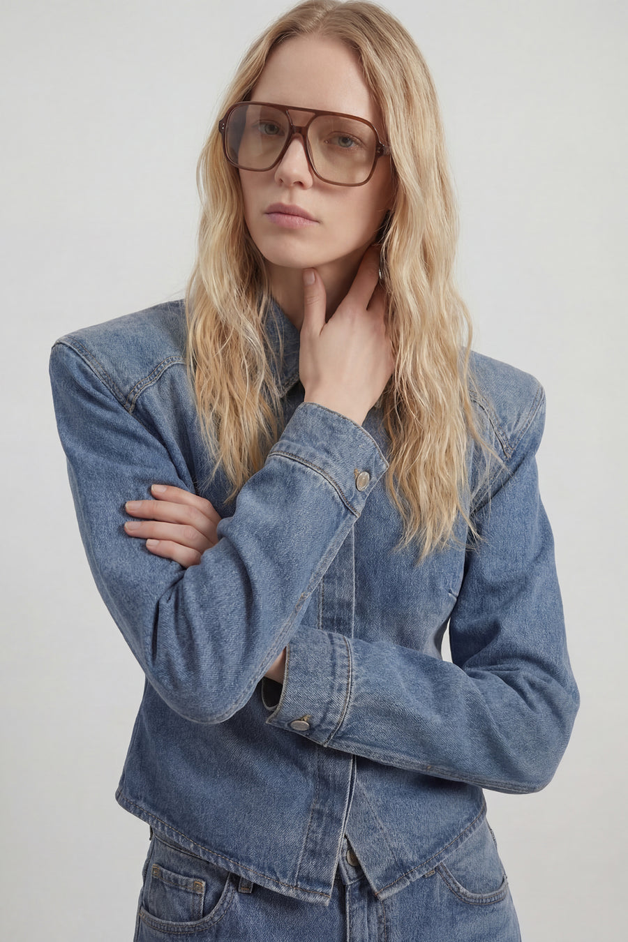 Structured Shoulder Pad Cropped Denim Jacket