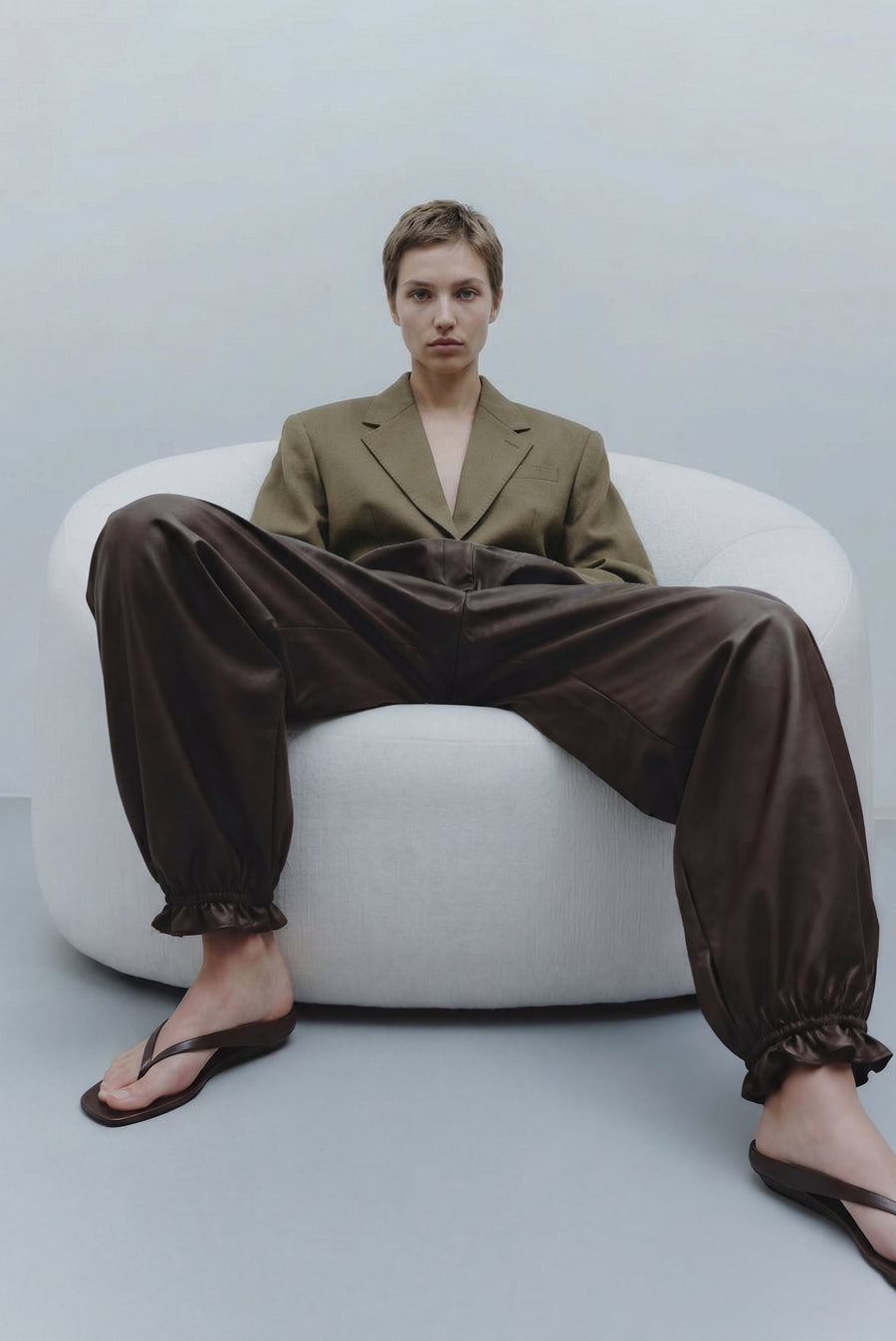 Leather Ruffle Hem Trouser - Chocolate