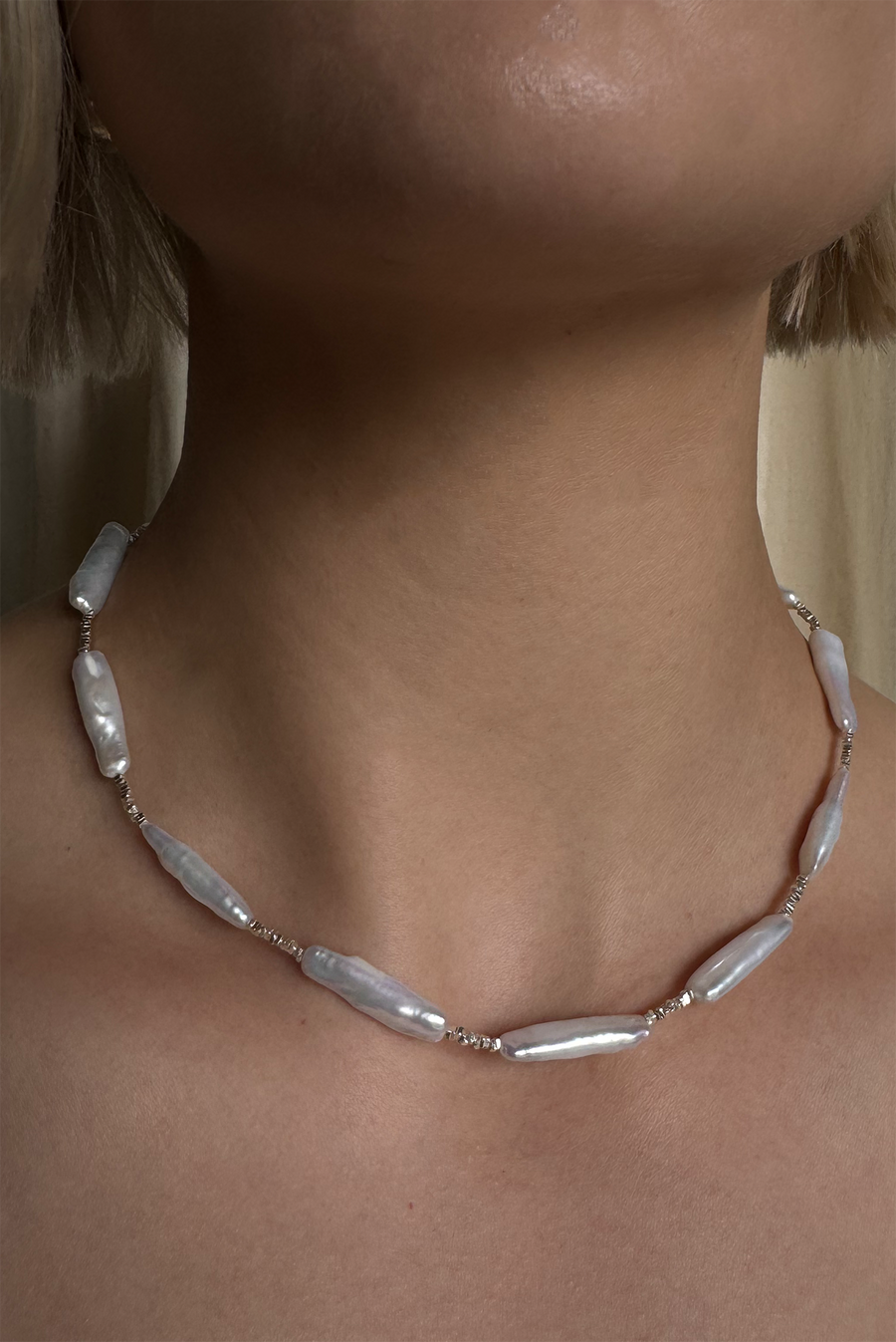 Flat Pearl Silver Necklace