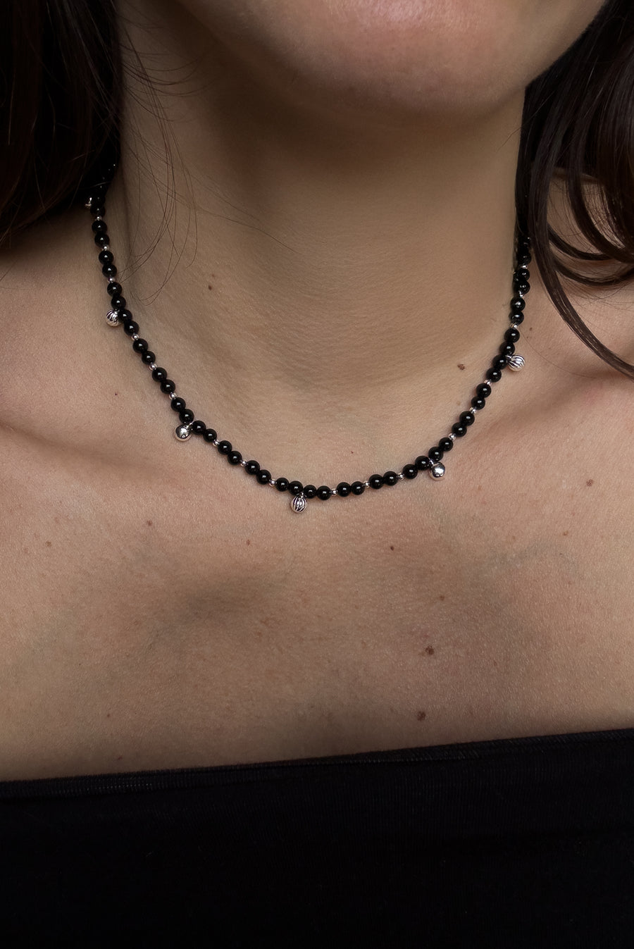 Black Bead Necklace With Silver Pendants