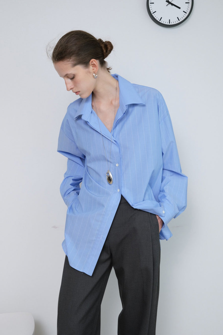 Oversized Double-Collar Pinstripe Button-Up Shirt - Blue