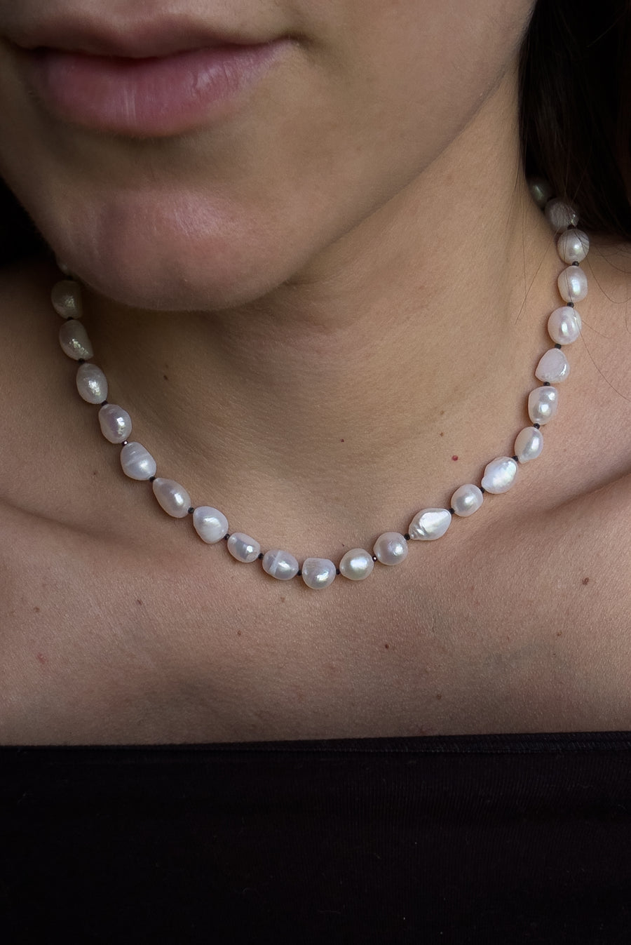 Color Cord Pearl Choker Necklace - Black